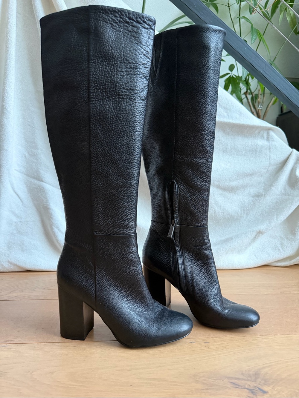 KENNETH COLE Women’s 100% Genuine Leather Black Knee High Block Heel Boots